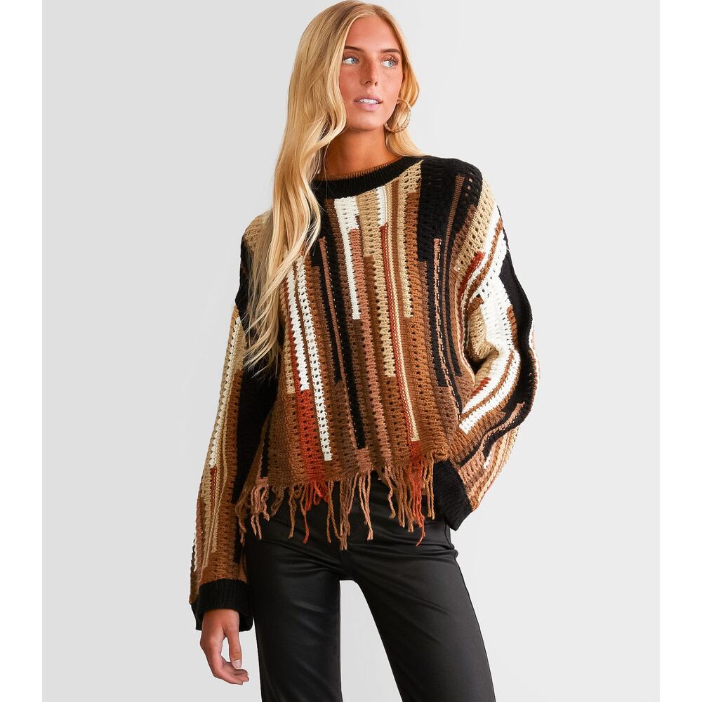 Papermoon‎ Fringed Crop Sweater Shades Brown NWT Boho Cottagecore Size Small